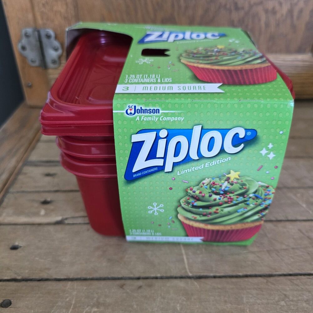 New Ziploc Limited Edition Holiday 3 Medium Square Containers & Lids Red